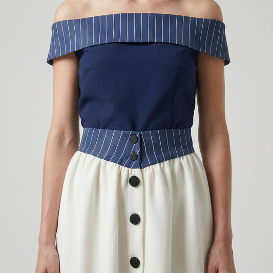 Striped Waist Buttoned Midi Skirt
