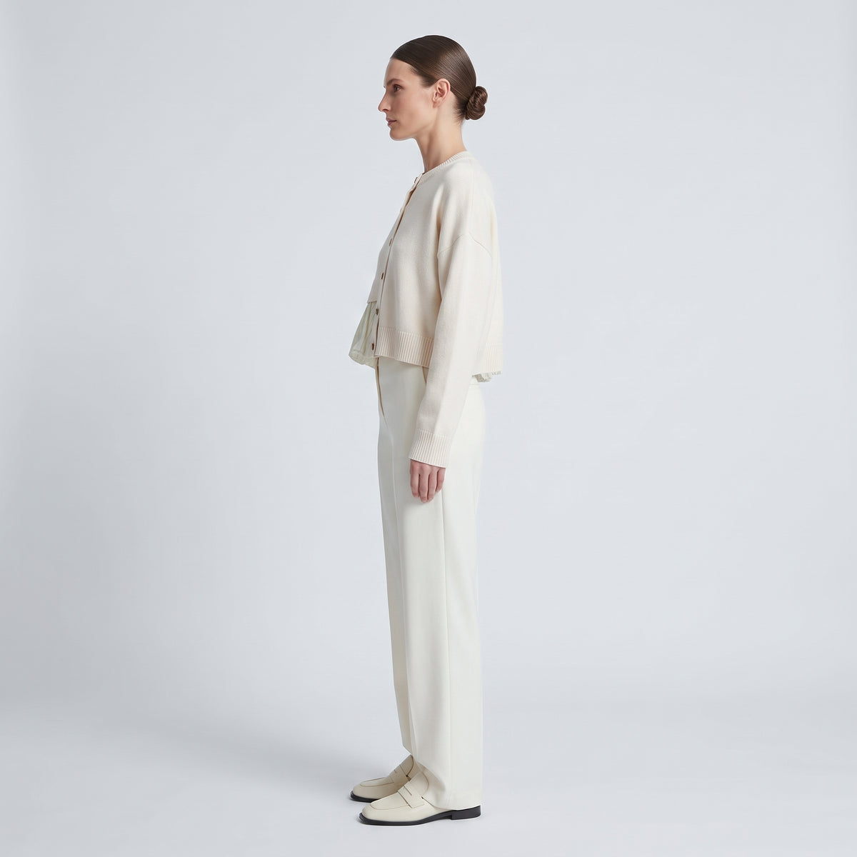 Paneled Ruffled Button-Down Cardigan