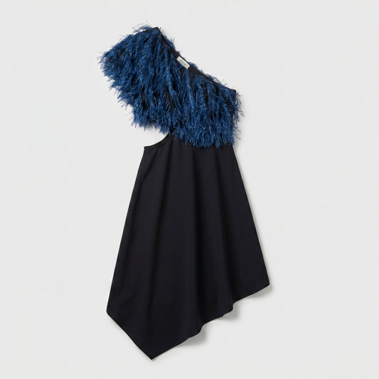 One-Shoulder Feather Asymmetric Dress