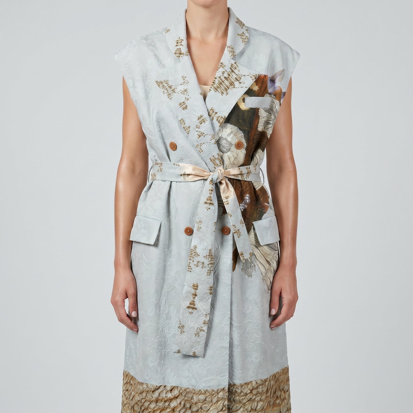 Printed Jacquard Belted Long Vest