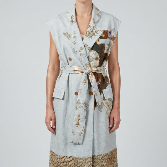 Printed Jacquard Belted Long Vest