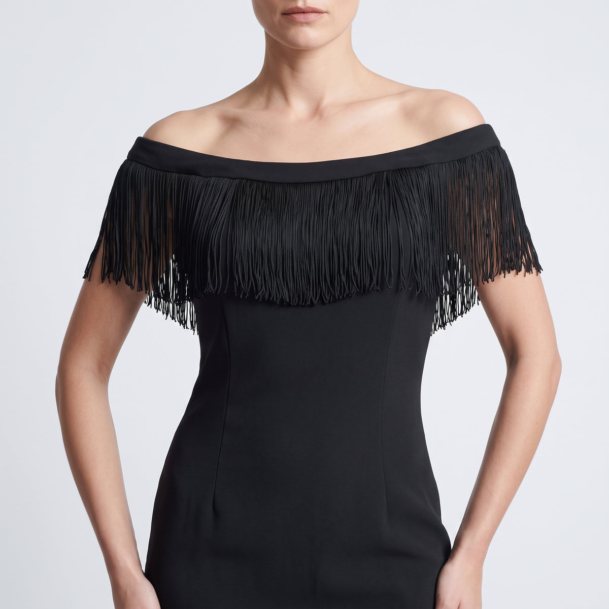 Fringe Trimmed Black Sheath Dress