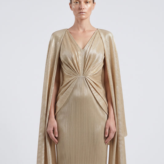 Metallic Pleated Cape Midi Dress