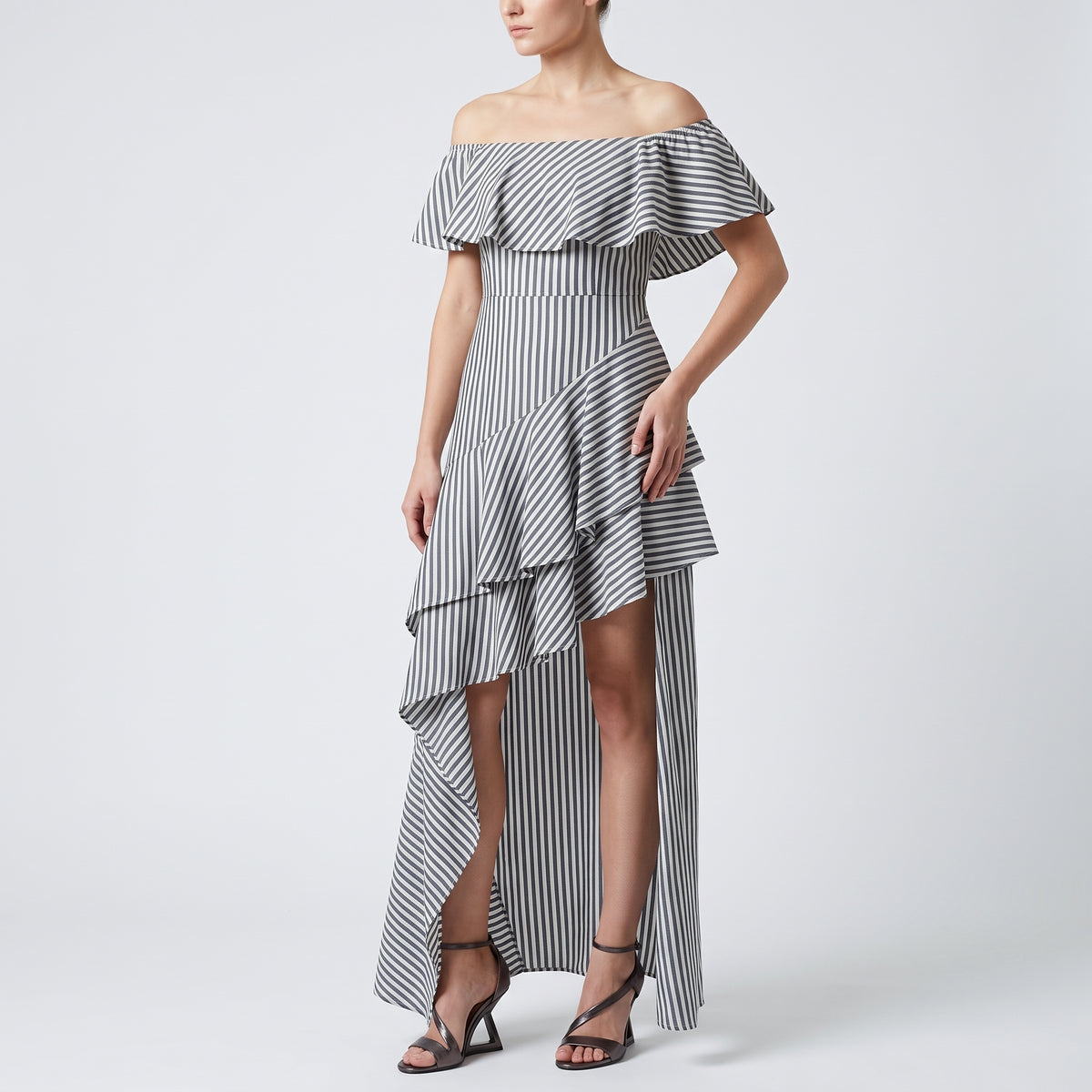 Striped Ruffled Asymmetric Midi Dress