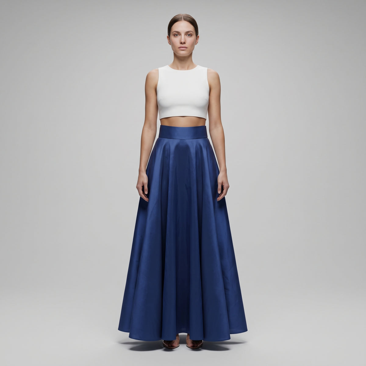 Elegant Navy Satin Midi Skirt