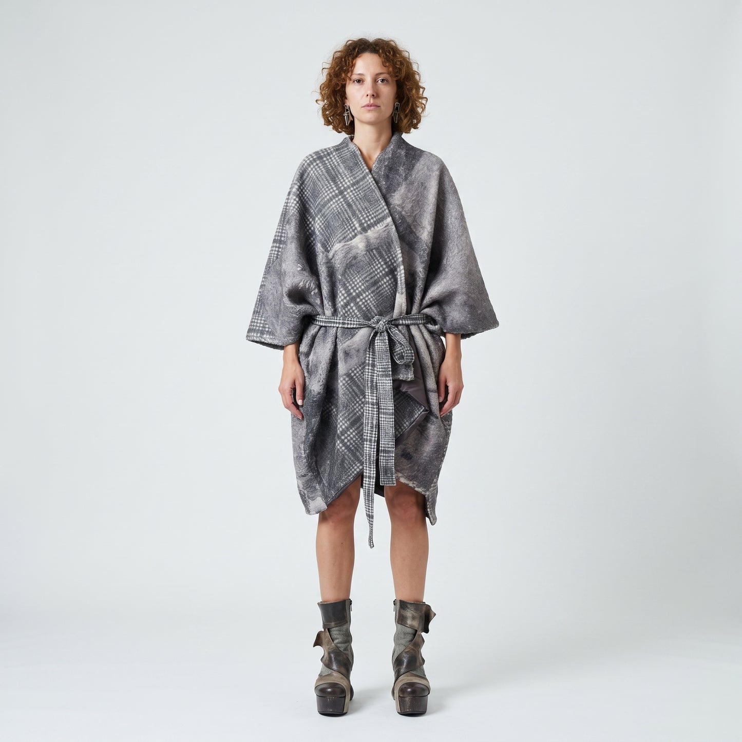 Patchwork Plaid Wool Wrap Coat
