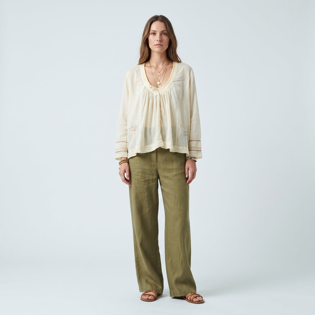 Embroidered Cotton V-Neck Blouse