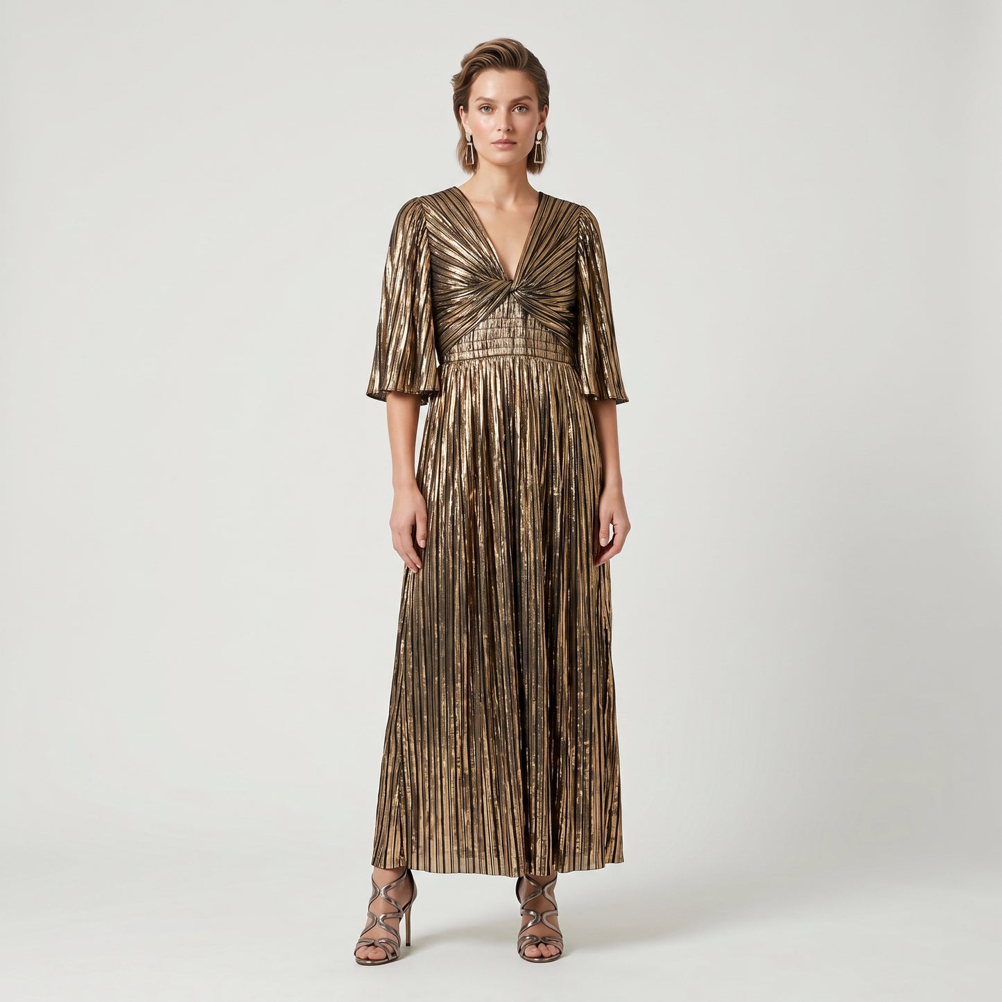 Metallic Pleated Gold Midi Dress