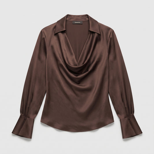 Satin Cowl Neck Long-Sleeve Blouse