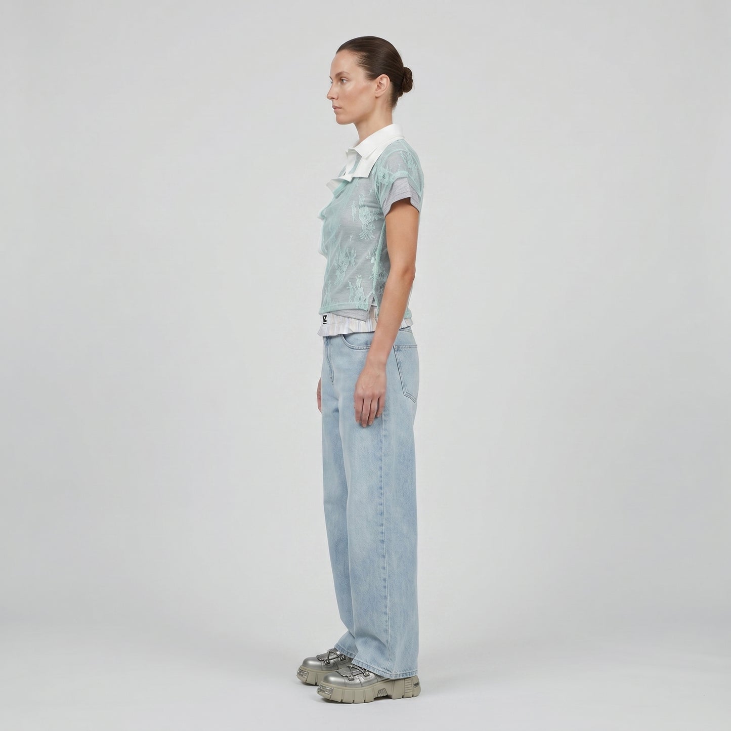 Lace Overlay Asymmetric Polo Top