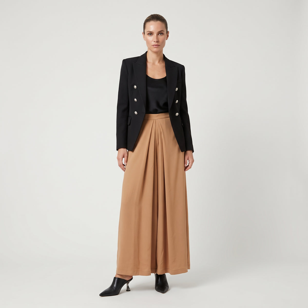 Camel Pleated Wide-Leg Trousers