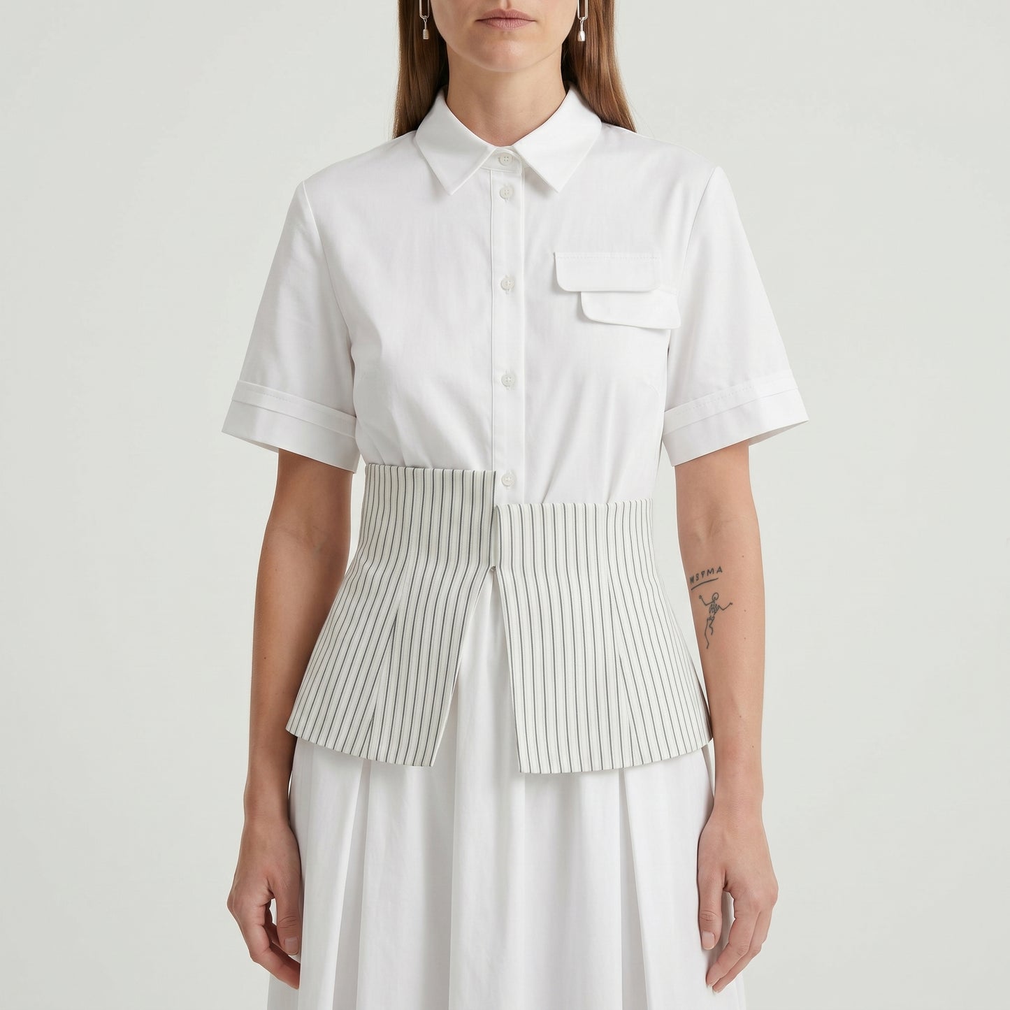 Striped Waist Pleated Shirt Dress