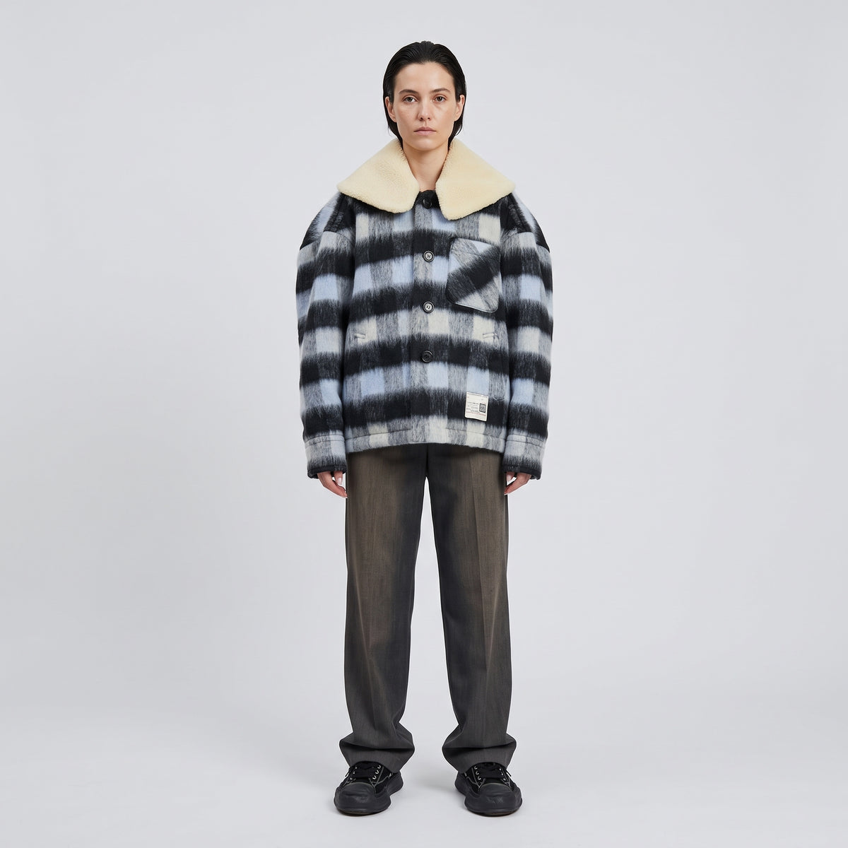 Fuzzy Plaid Shearling Collar Jacket