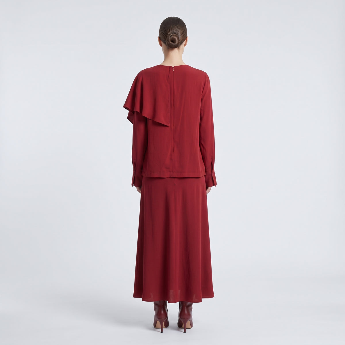 Red Asymmetric Ruffle Hem Blouse