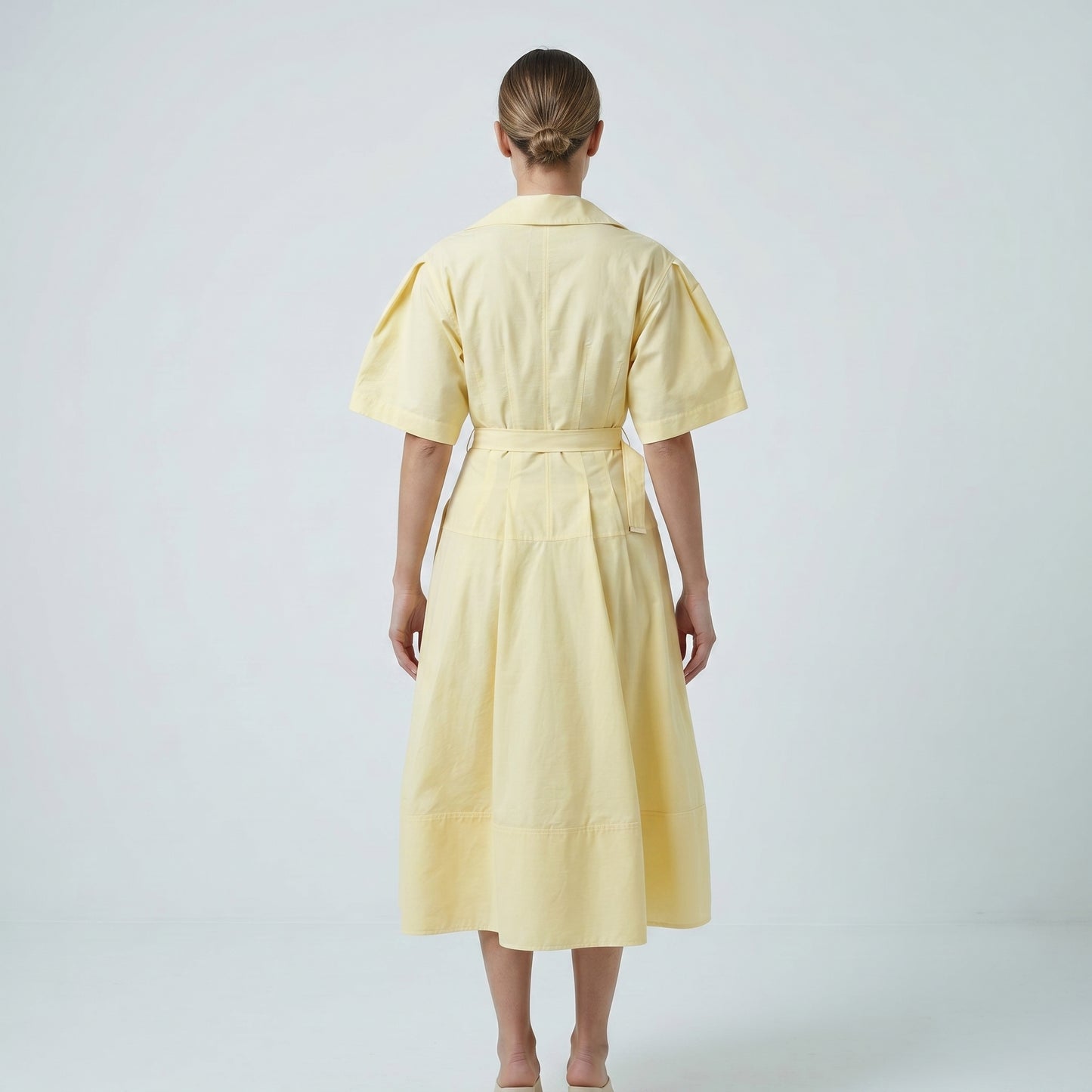 Belted Yellow Collared Midi Dress