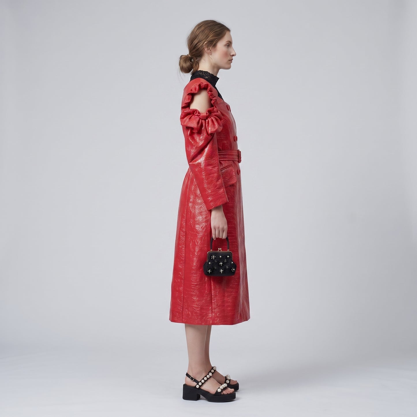 Red Ruffled Shoulder Trench Coat