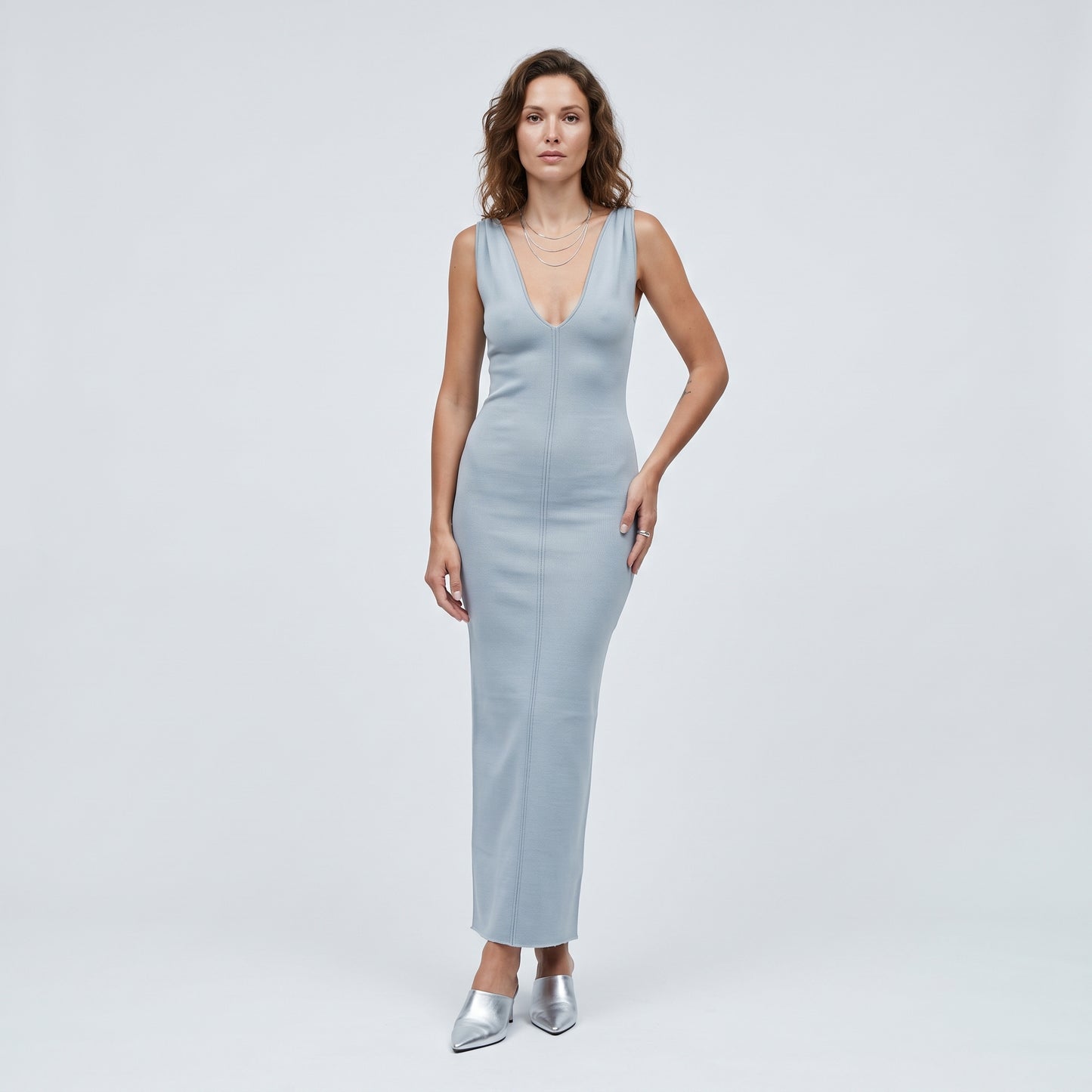 Sleeveless V-Neck Knit Midi Dress
