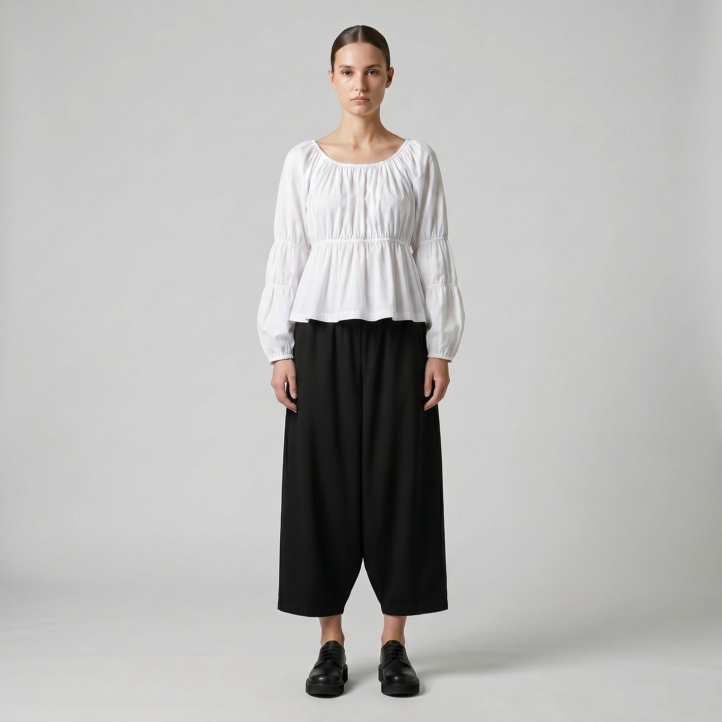 Gathered Long Sleeve White Blouse