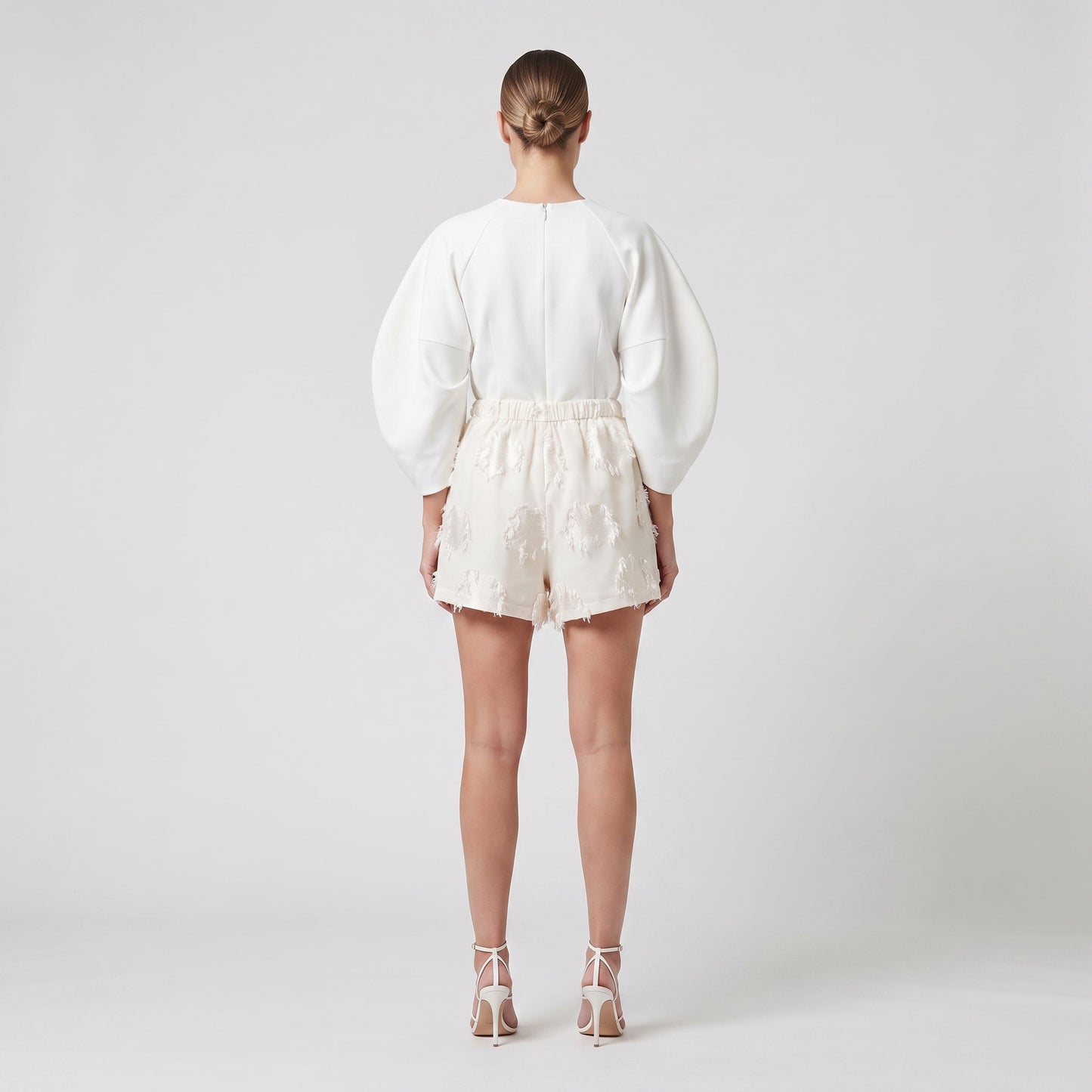 Textured Ivory Elastic Waist Shorts