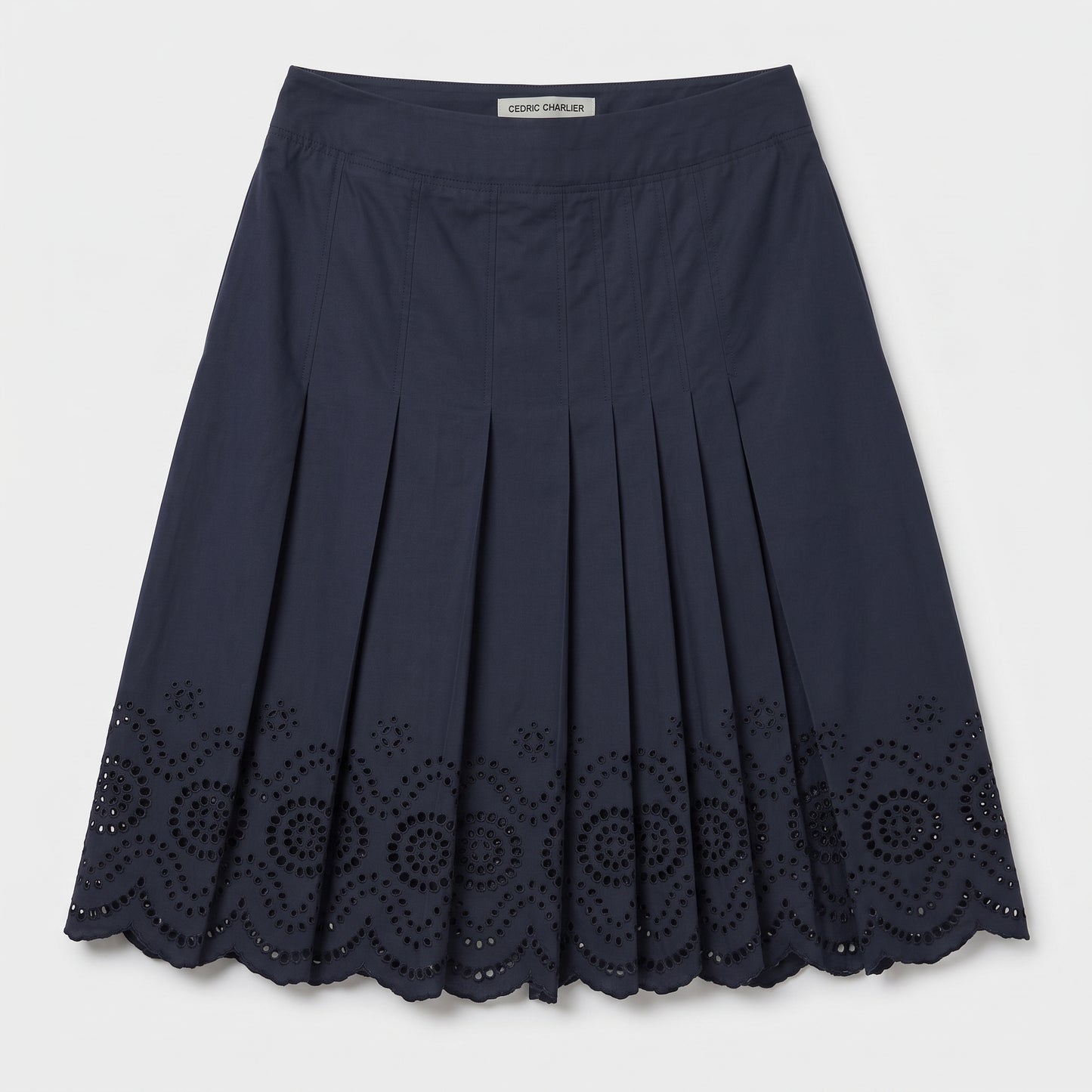 Pleated Eyelet Cotton Midi Skirt