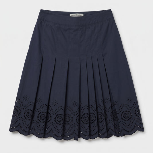 Pleated Eyelet Cotton Midi Skirt