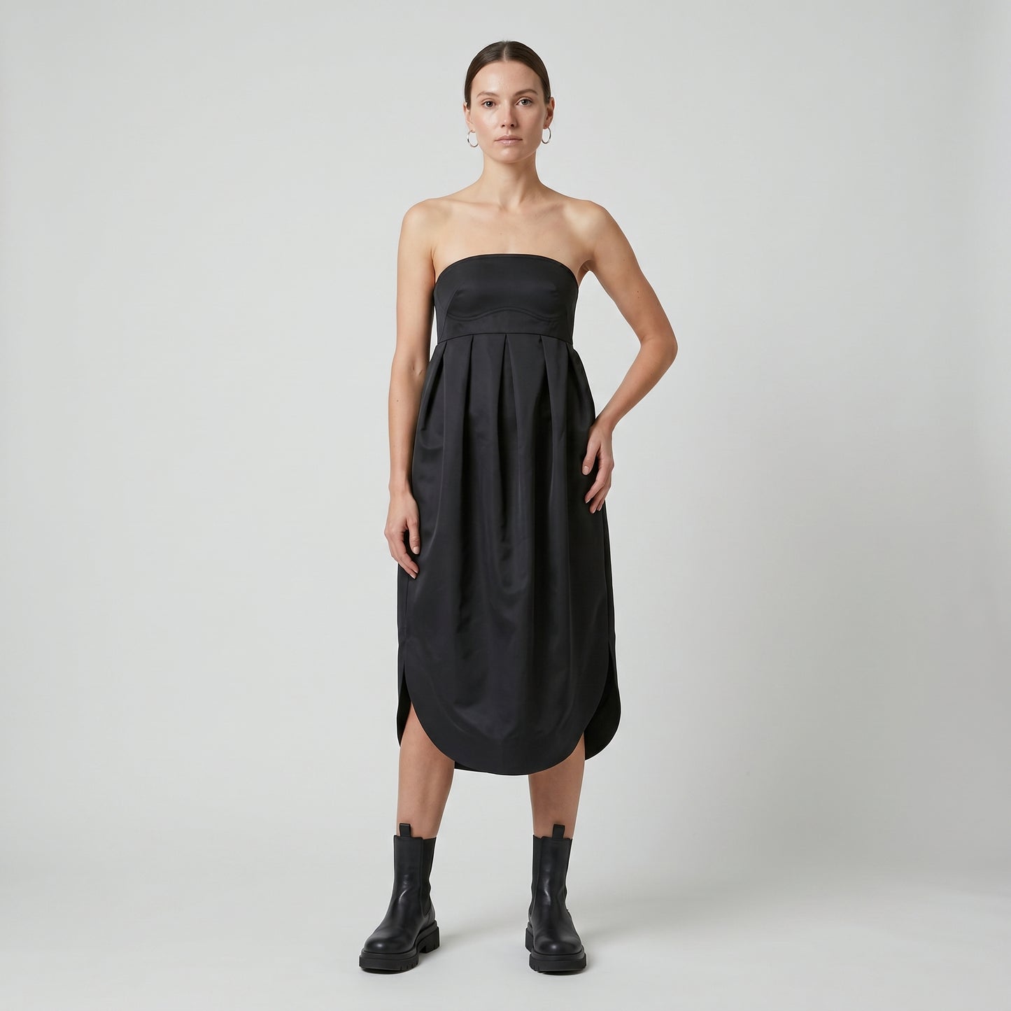 Strapless Pleated Midi Dress