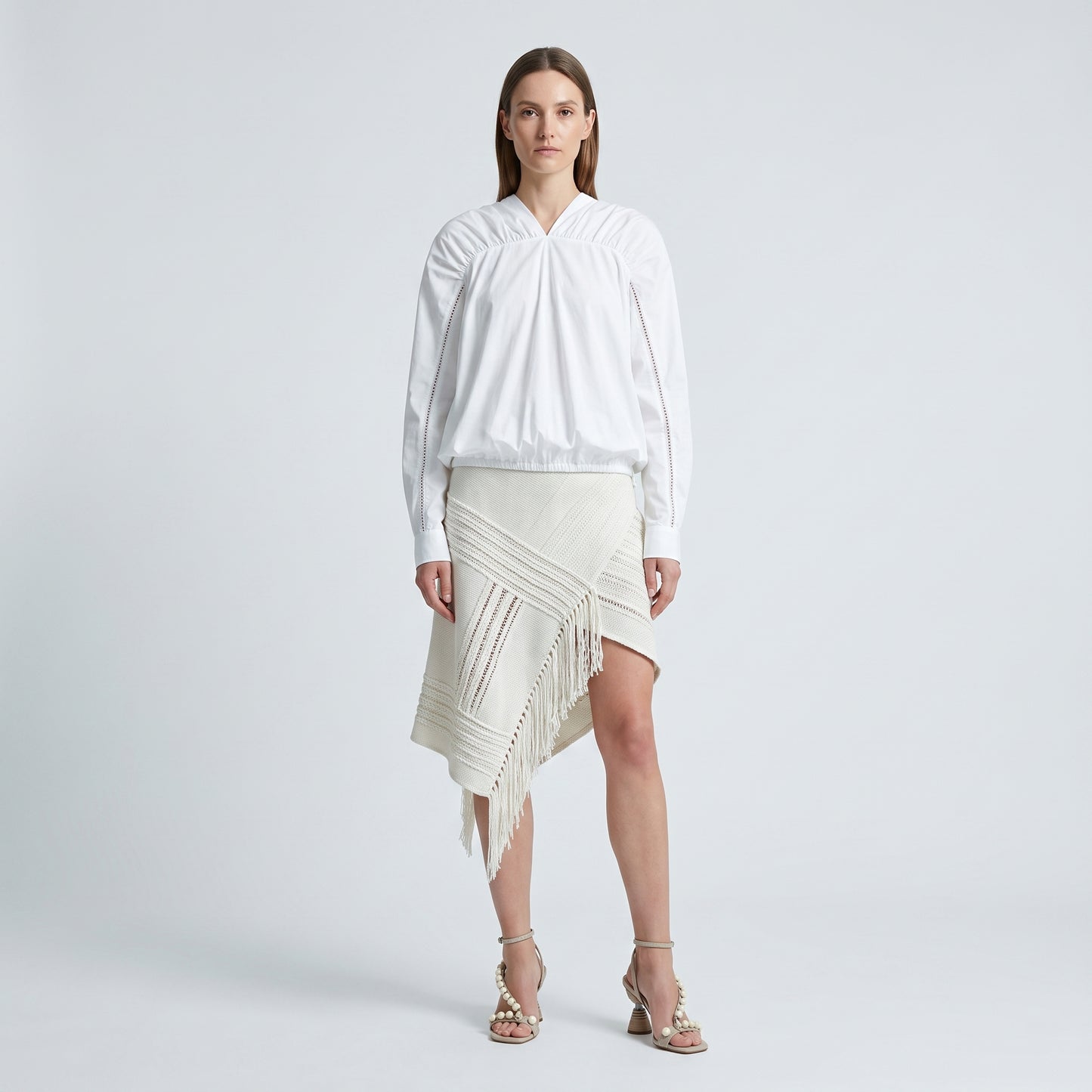 Pleated V-Neck Cotton Blouse