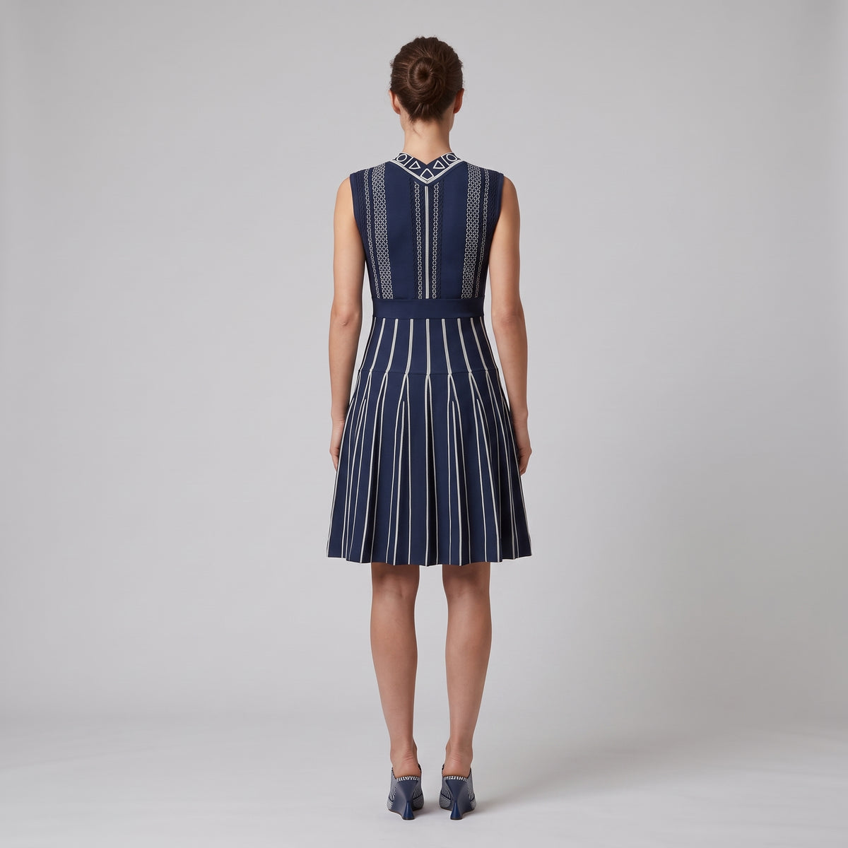 Geometric Embroidered Navy Knit Dress