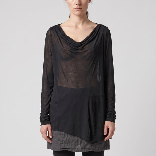 Draped Black Asymmetric Long-Sleeve Top