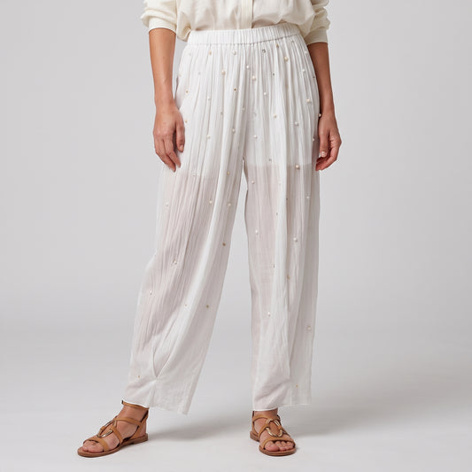 Embellished Pleated Cotton Trousers
