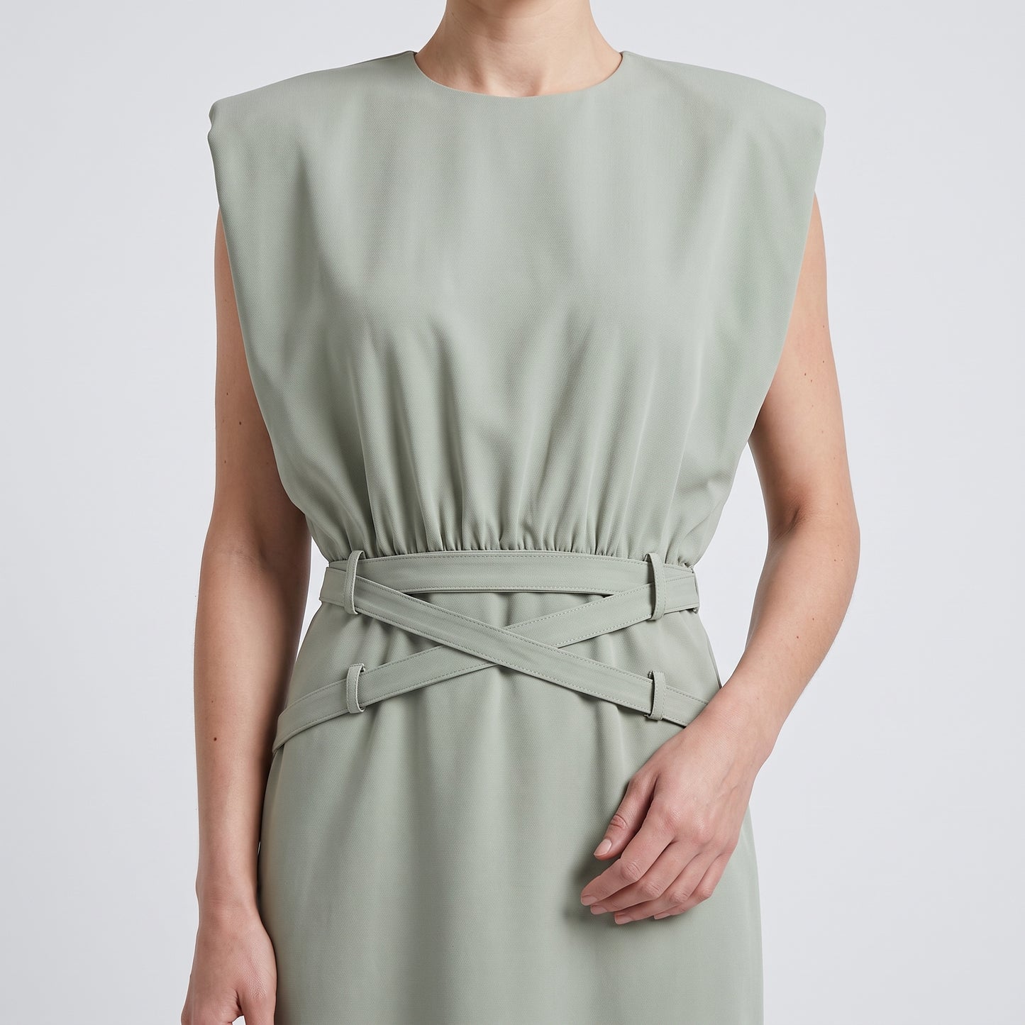 Structured Belted Sage Mini Dress