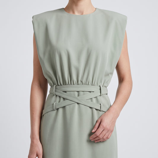 Structured Belted Sage Mini Dress