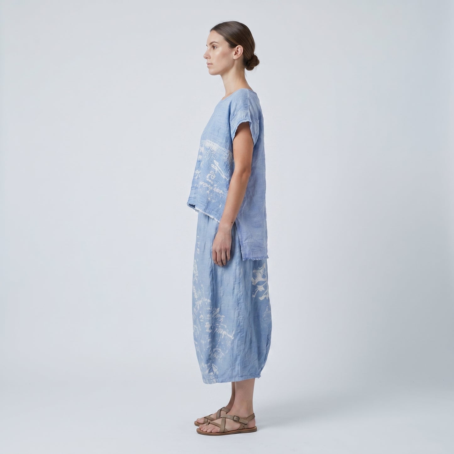 Embroidered Blue Linen Boxy Top