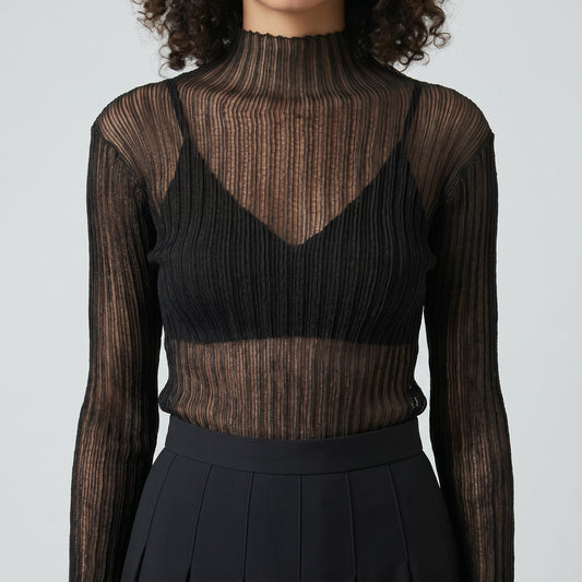 Sheer Ribbed Mock Neck Top