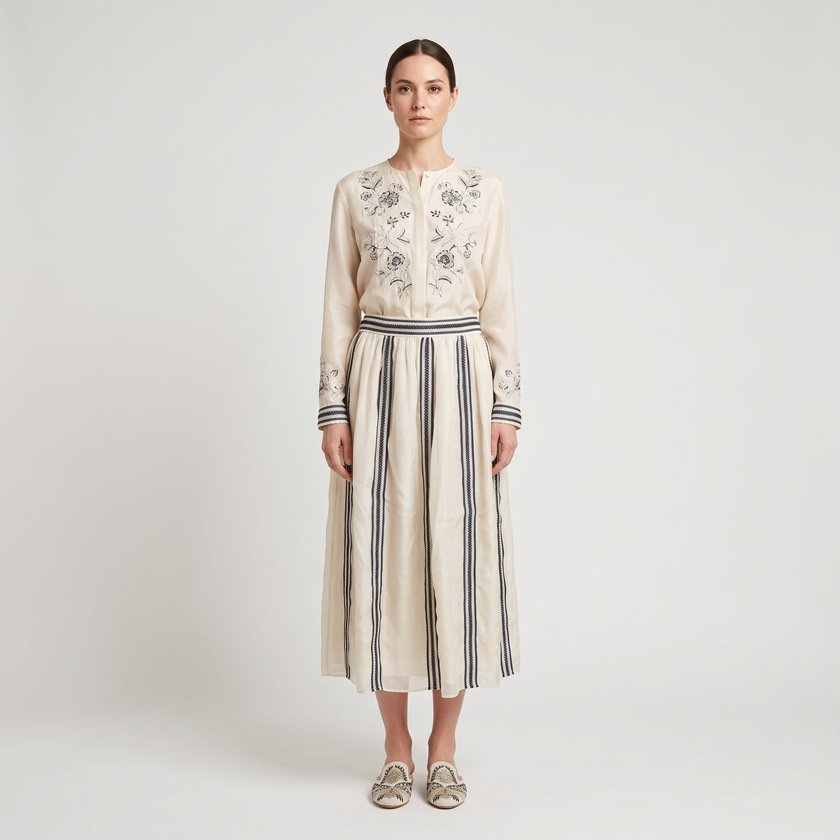 Embroidered Striped Midi Skirt