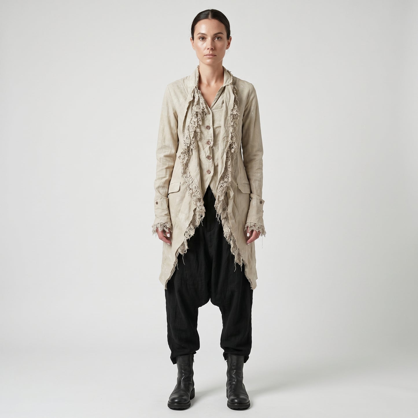 Deconstructed Lace Trim Linen Coat