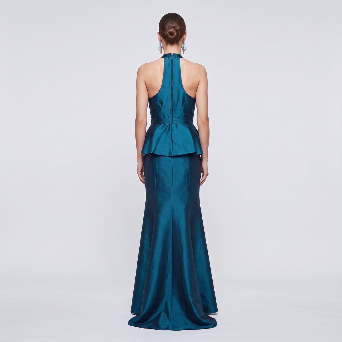 Teal Halter Peplum Evening Gown