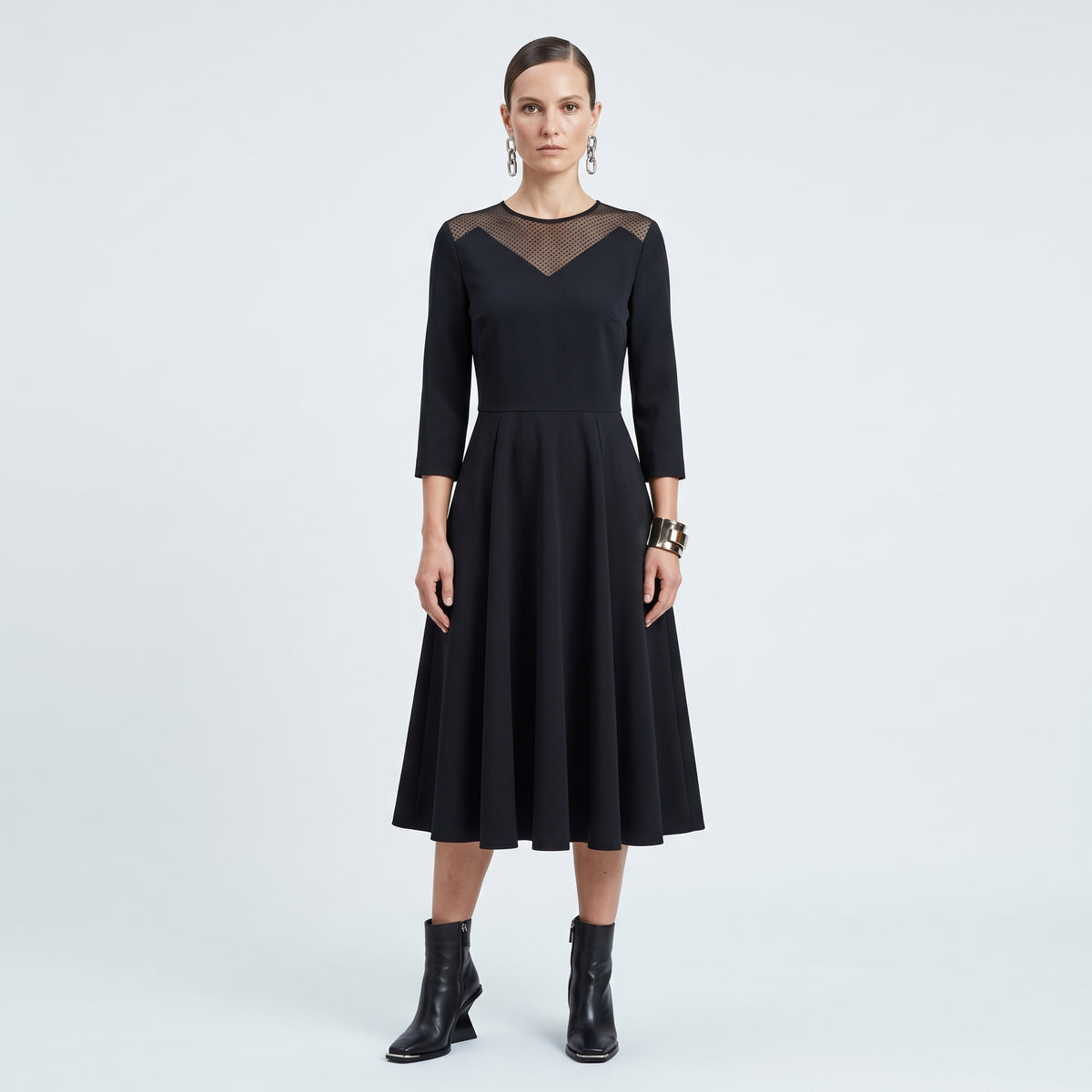 Mesh Paneled Fit-And-Flare Dress