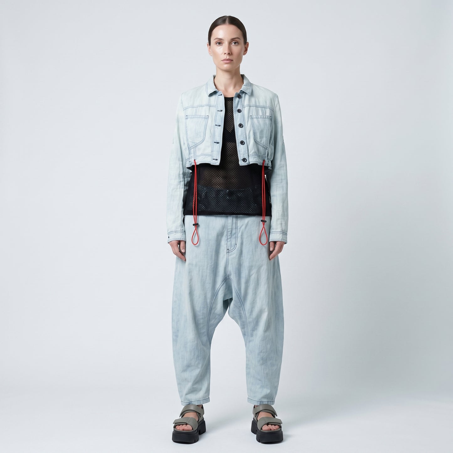 Cropped Drawstring Denim Jacket