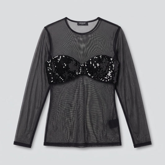 Sheer Sequined Mesh Long-Sleeve Top