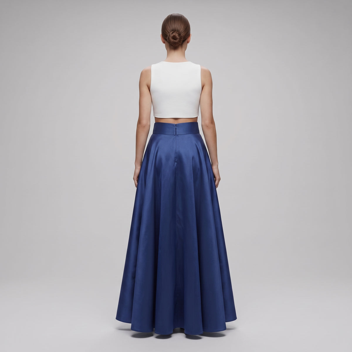 Elegant Navy Satin Midi Skirt