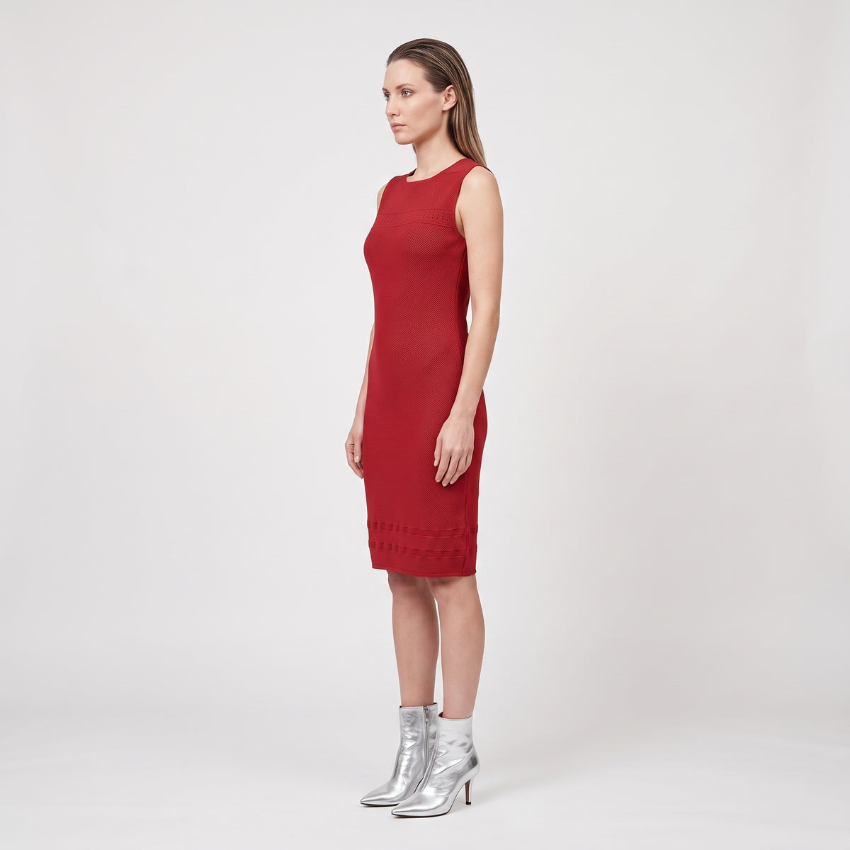Red Textured Sleeveless Sheath Dress