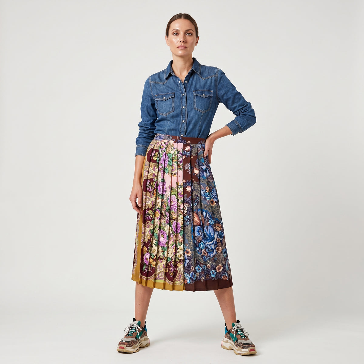 Floral Print Pleated Midi Skirt