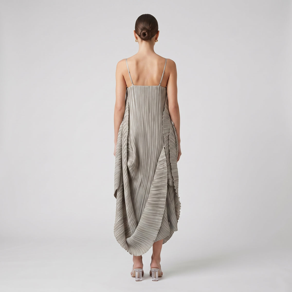 Pleated Asymmetric Drape Midi Dress