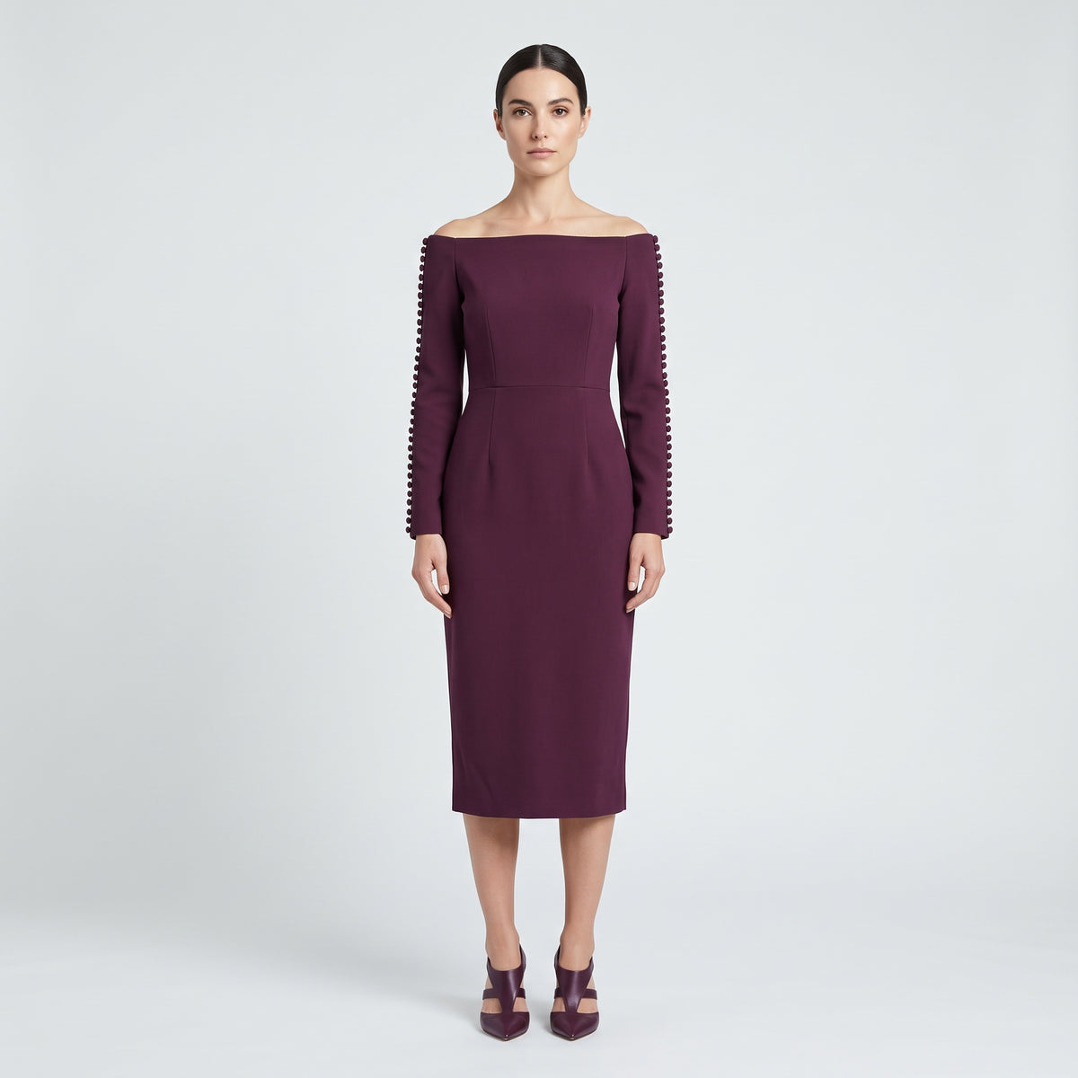 Off-Shoulder Plum Midi Dress