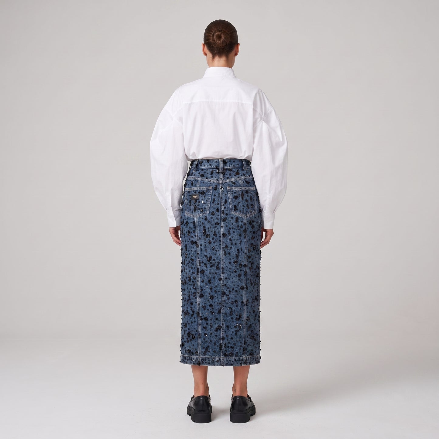 Embellished Front-Slit Denim Midi Skirt