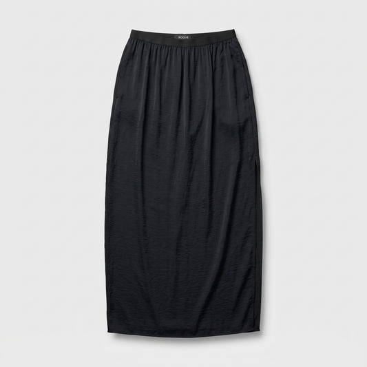 Sleek Black Satin Midi Skirt