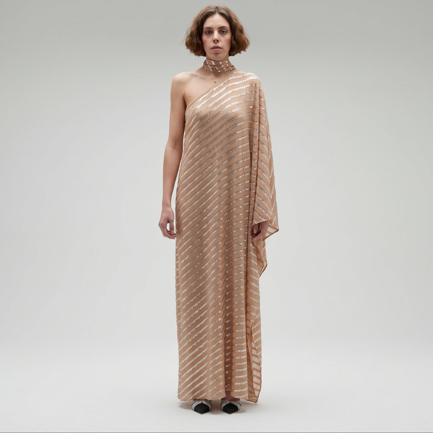 Metallic Stripe One-Shoulder Dress