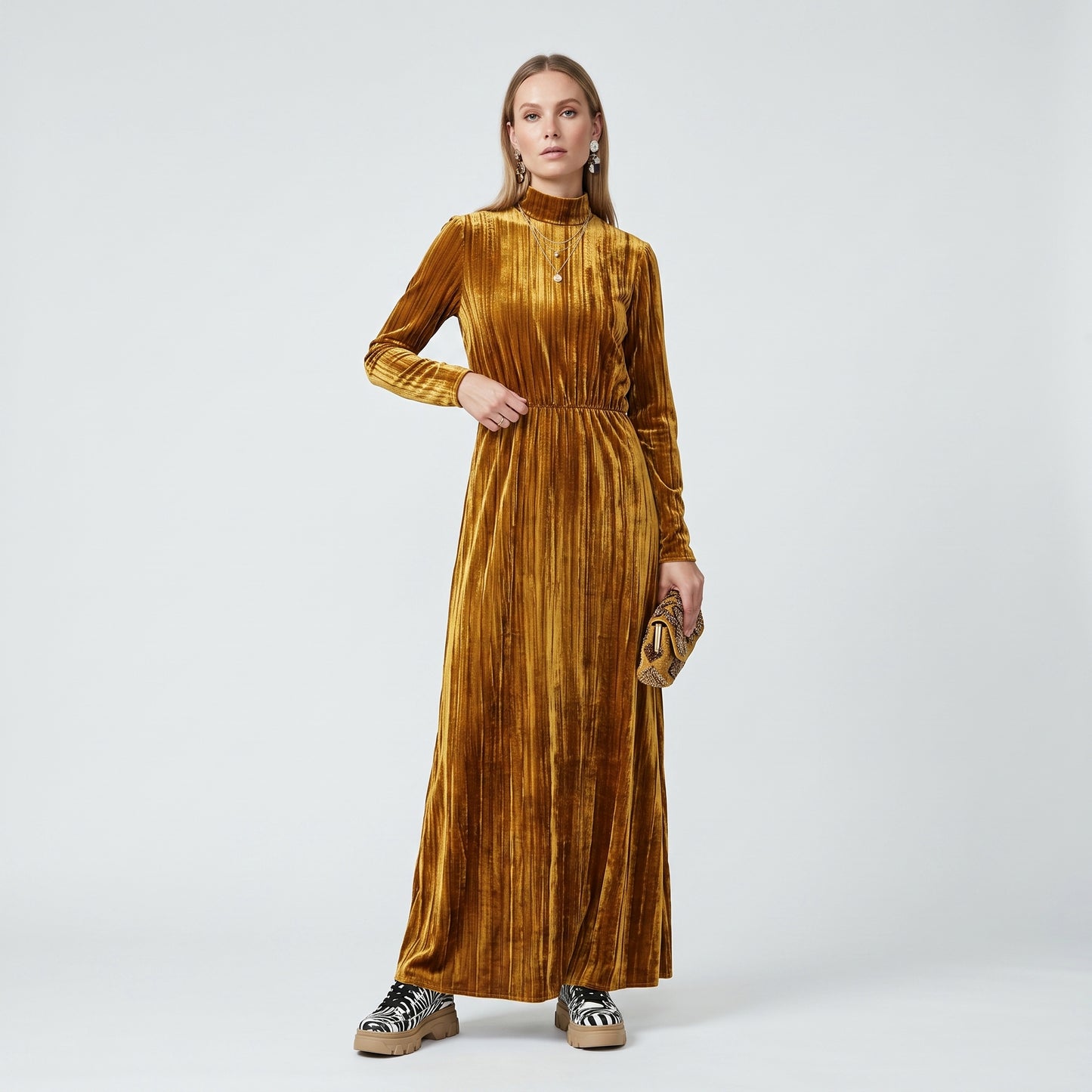 Metallic Gold Velvet Midi Dress