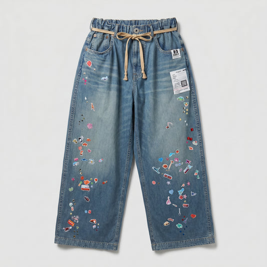 Embroidered Wide-Leg Denim Trousers